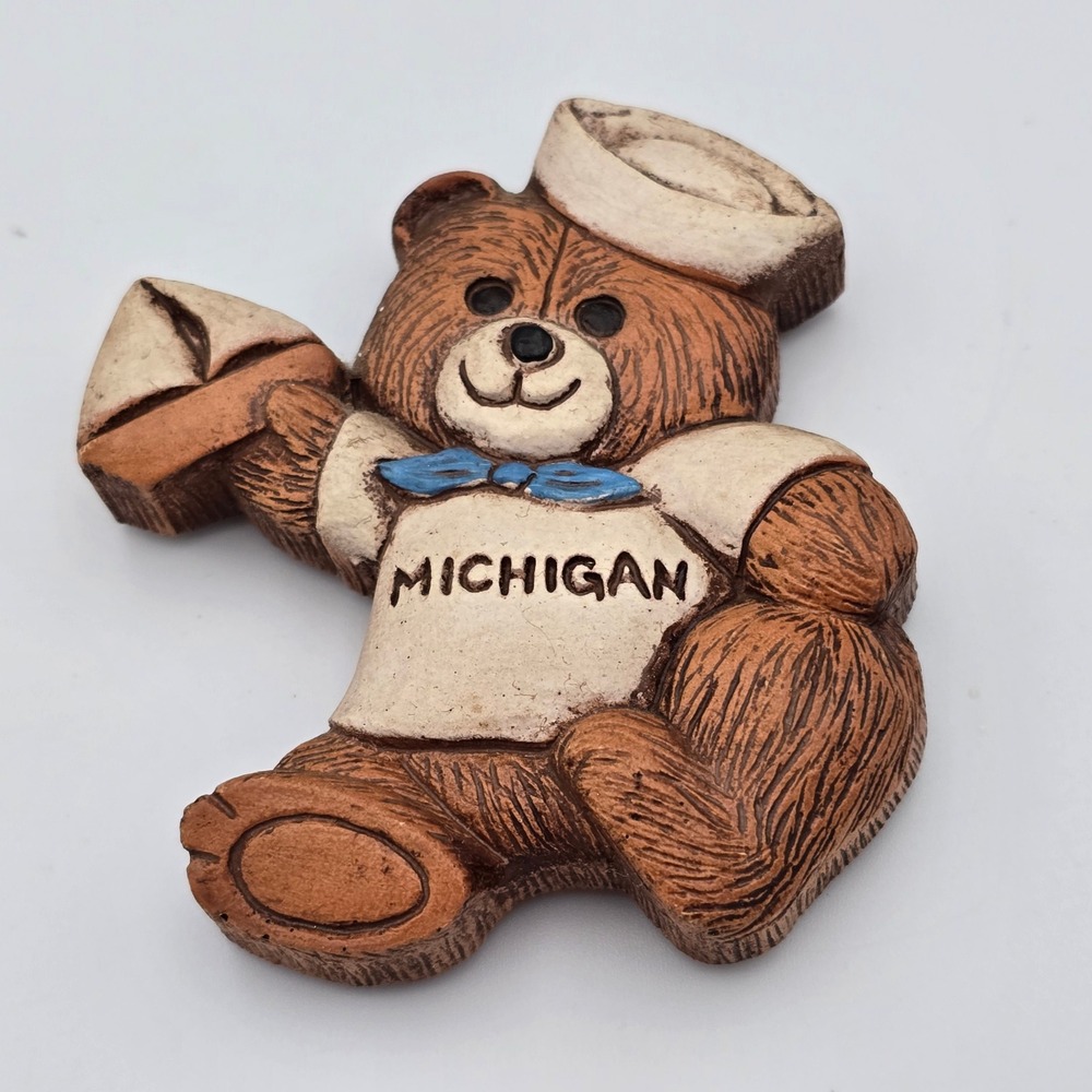 Vintage Michigan Sailor Teddy Bear Refrigerator Magnet Nautical Souvenir Resin
